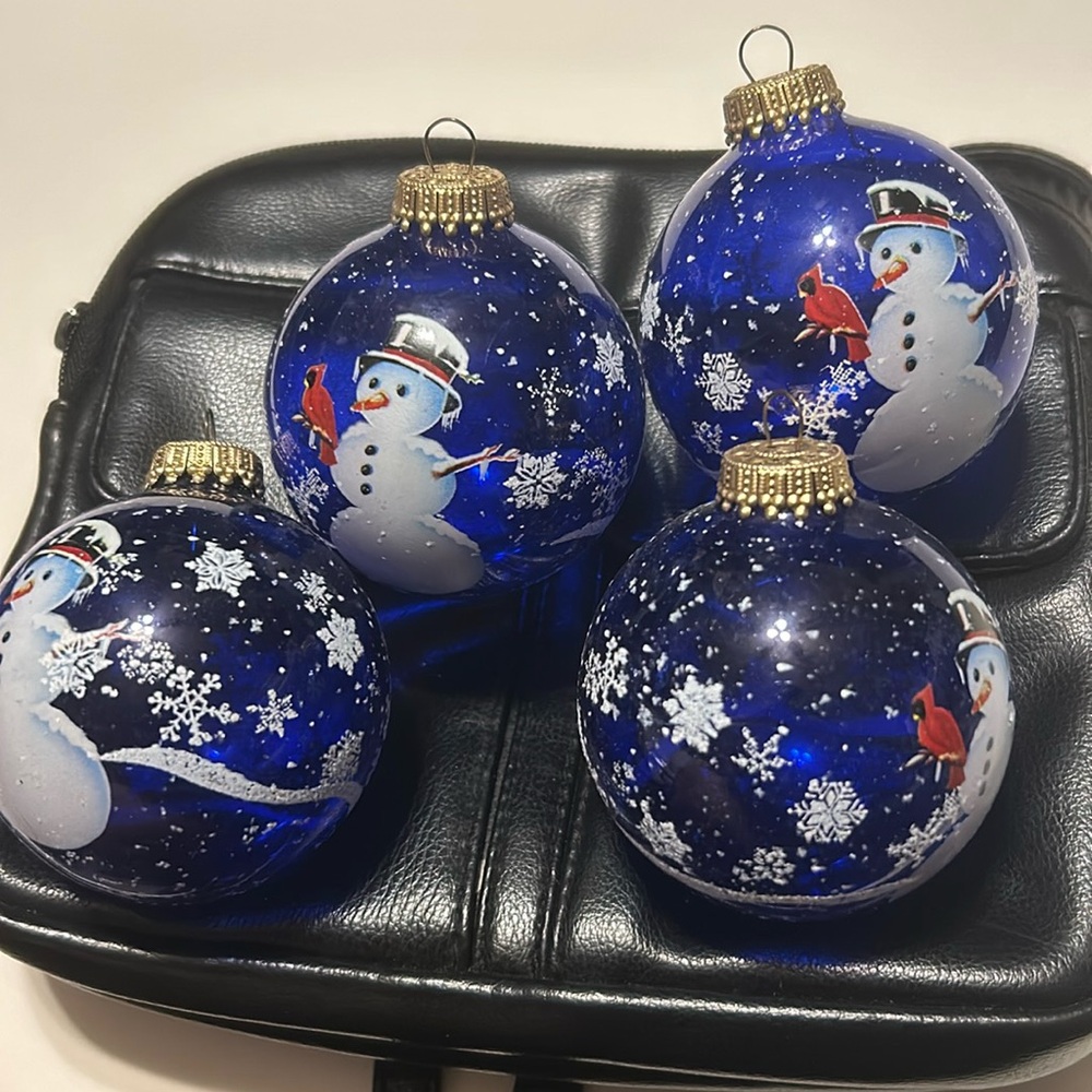 4 Christmas ornaments. Blue bulb with painted snowman, red cardinal , snowflakes